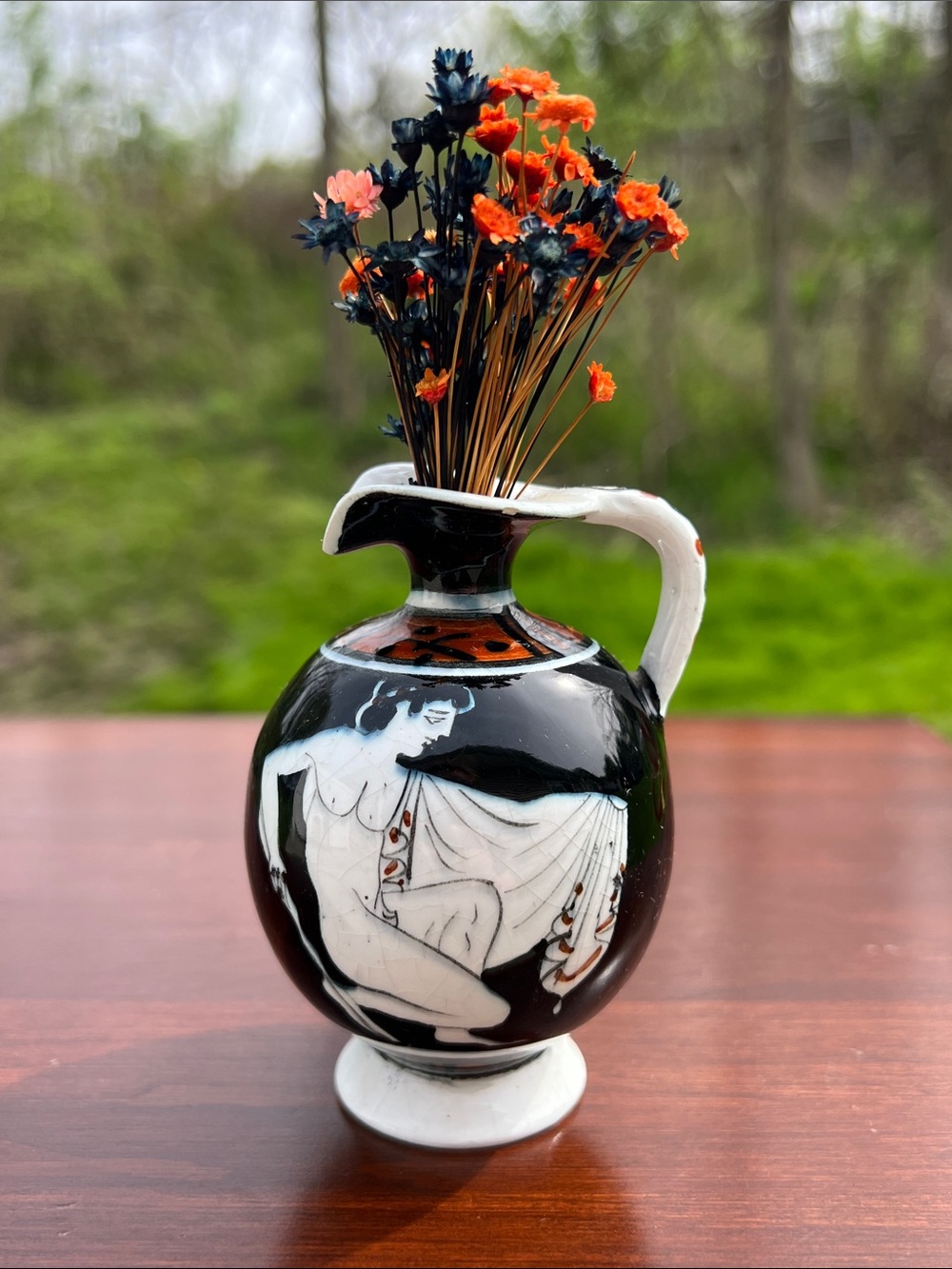 Hand Painted Black & White Figure Greek Pottery Ceramic Mini Vase Dried Flowers